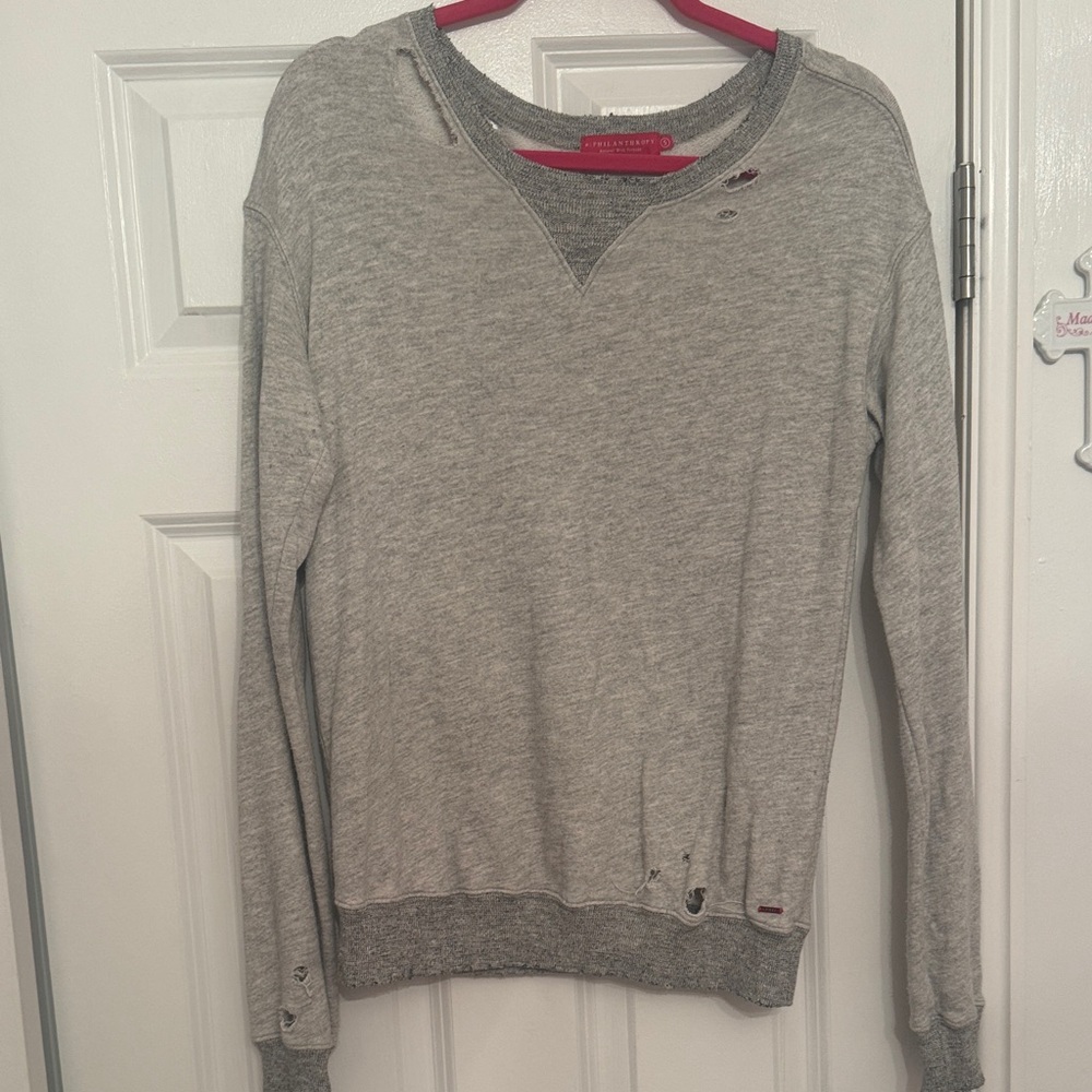 Women’s Light Gray Distressed Crewneck Sweater